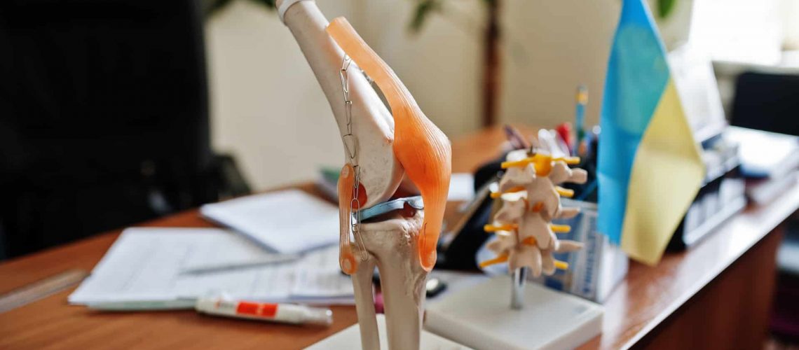 Artificial human knee joint model in medical office on table.